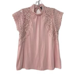 Cable and Gauge Lace High Collar Top Blouse Womens Size M Blush Pink